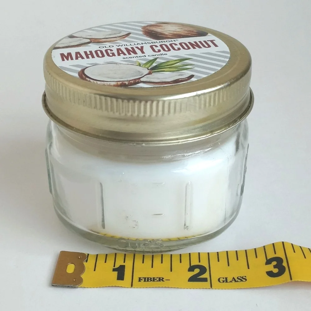 Old Williamsburg Mahogany Coconut Scented Jar Candle in Mini Mason Jar White